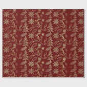 暗赤色クリスマスシンボルパターン上の金ゴールド ラッピングペーパー (フラット)