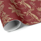 暗赤色クリスマスシンボルパターン上の金ゴールド ラッピングペーパー (ロールコーナー)