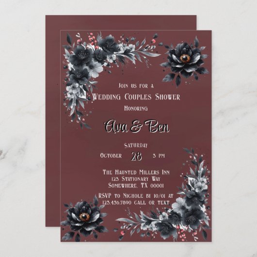 暗赤色ゴシック色の黒フローラのカップル結婚シャワー 招待状 (正面/裏面)