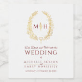 暗赤色金ゴールド手描き葉モノグラム結婚アート ワインラベル (シングルラベル)