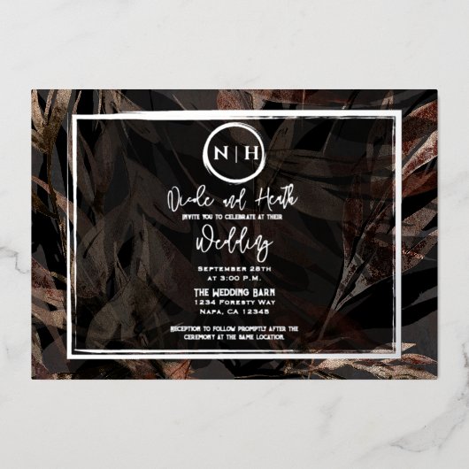 暗銅褐色の青銅植物銀結婚色 箔招待状 (正面)