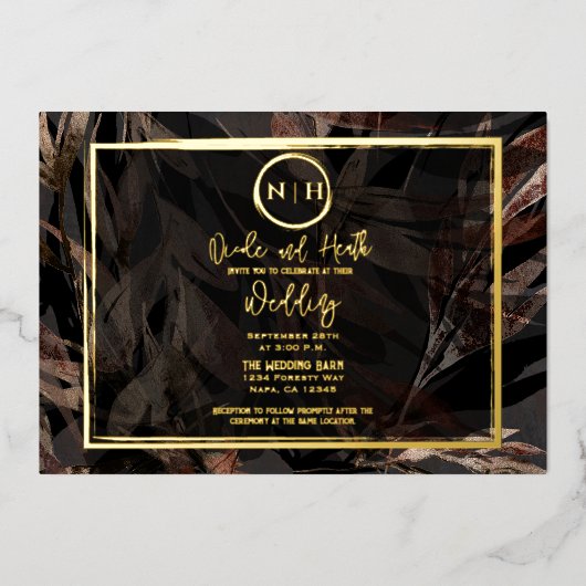 暗銅褐色ブロンズ植物体結婚の金ゴールド 箔招待状 (正面)