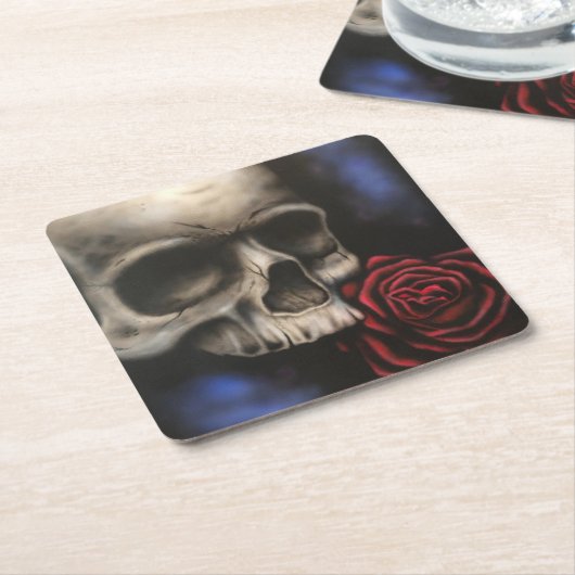 「暗闇からの脱出」スカルとバラコースター スクエアペーパーコースター (アングル)