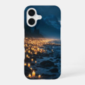 暗闇のビーチに灯る無数のキャンドル iPhone 16ケース (裏面)