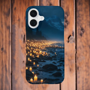 暗闇のビーチに灯る無数のキャンドル iPhone 16ケース