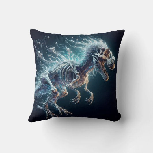 暗闇の中で半透明白熱［赤熱］光を放つの恐竜の骨格 クッション (裏面)