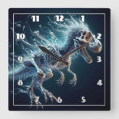 暗闇の中で半透明白熱［赤熱］光を放つの恐竜の骨格 スクエア壁時計 (正面)