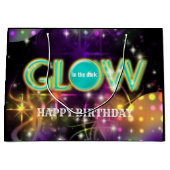 暗闇の子供のネオン誕生会のティール(緑がかった色)で光って下さい ラージペーパーバッグ (正面)