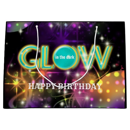 暗闇の子供のネオン誕生会のティール(緑がかった色)で光って下さい ラージペーパーバッグ (正面)