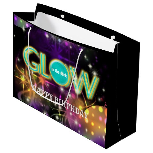 暗闇の子供のネオン誕生会のティール(緑がかった色)で光って下さい ラージペーパーバッグ (正面アングル)