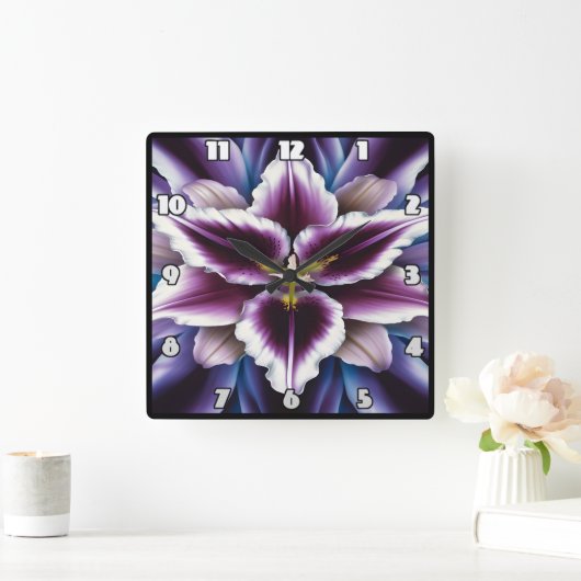 暗鮮やかい背景に紫のユリ スクエア壁時計 (ホーム)