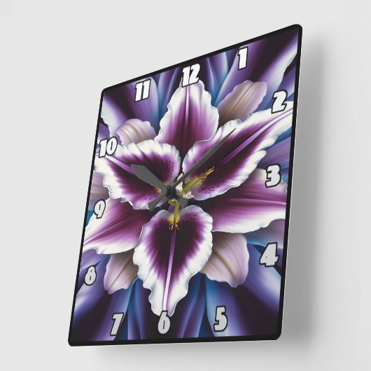 暗鮮やかい背景に紫のユリ スクエア壁時計 (傾斜)