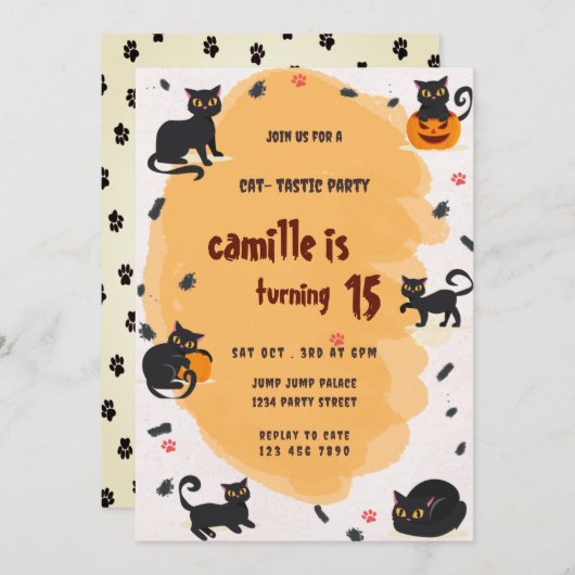 暗黒猫の誕生日パーティーの招待状 招待状 (正面/裏面)