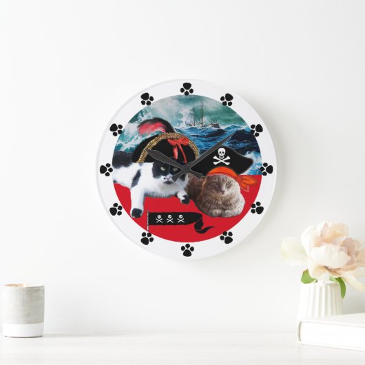 暴風雨の中の海賊猫と船 ラージ壁時計 (ホーム)