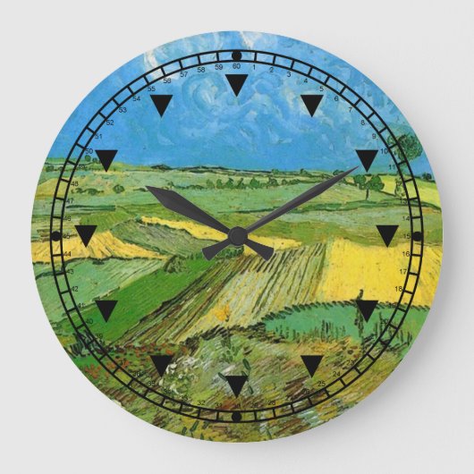 曇った空の下のオーバーの小麦畑 ラージ壁時計 (正面)