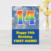 曇った青空、虹パターン"14"誕生日# カード (黄色い花)