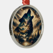 曇りの夜に狼が月でハウリング メタルオーナメント (右)