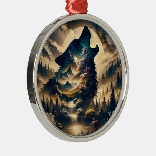 曇りの夜に狼が月でハウリング メタルオーナメント (右)