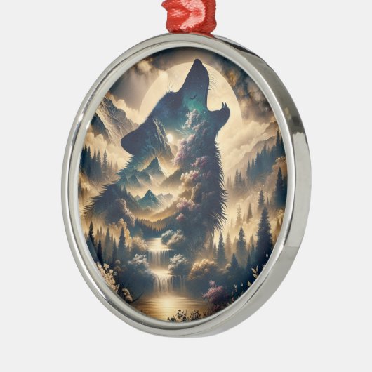 曇りの夜に狼が月でハウリング メタルオーナメント (左)