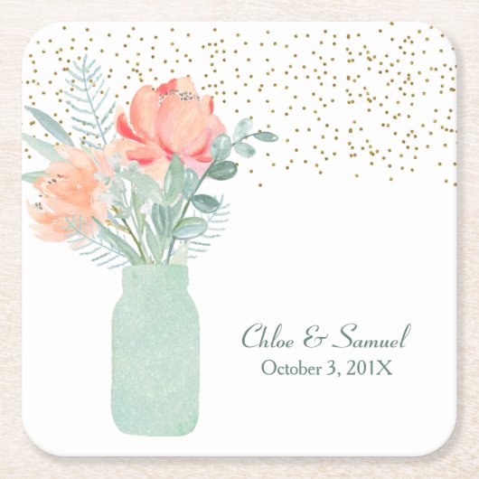 曇りガラスのメイスン結婚ジャー スクエアペーパーコースター (正面)