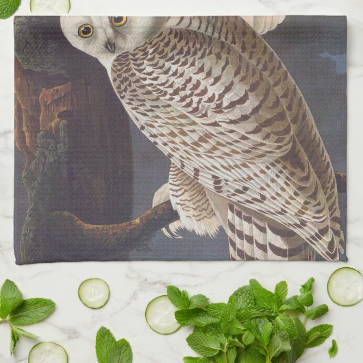 曇り空の夜のオードボンスノーウィーホワイトフクロウ キッチンタオル (折り畳み)