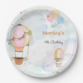 曇り空の熱気球子供の誕生日 ペーパープレート (正面)