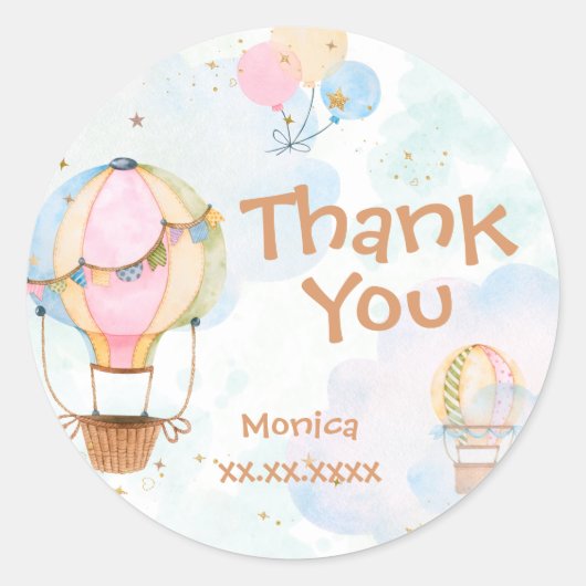 曇り空の熱気球子供の誕生日 ラウンドシール (正面)