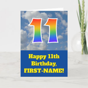 曇り青空、レインボーパターン"11"誕生日番号 カード
