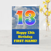 曇り青空、レインボーパターン"13"誕生日番号 カード (黄色い花)