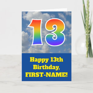 曇り青空、レインボーパターン"13"誕生日番号 カード