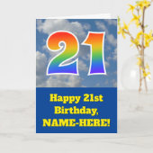 曇り青空、レインボーパターン"21"誕生日番号 カード (黄色い花)