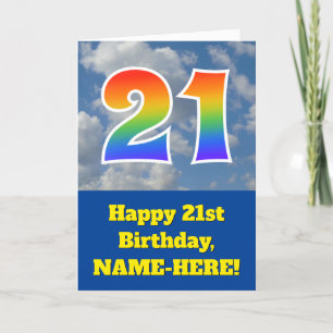 曇り青空、レインボーパターン"21"誕生日番号 カード