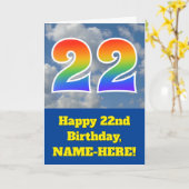 曇り青空、レインボーパターン"22"誕生日番号 カード (黄色い花)