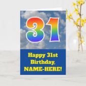 曇り青空、レインボーパターン"31"誕生日番号 カード (黄色い花)