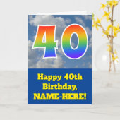 曇り青空、レインボーパターン"40"誕生日番号 カード (黄色い花)