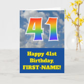 曇り青空、レインボーパターン"41"誕生日番号 カード (黄色い花)