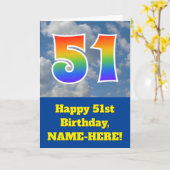 曇り青空、レインボーパターン"51"誕生日番号 カード (黄色い花)