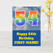 曇り青空、レインボーパターン"54"誕生日番号 カード (黄色い花)