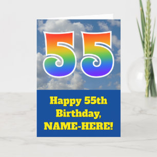 曇り青空、レインボーパターン"55"誕生日番号 カード