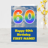 曇り青空、レインボーパターン"60"誕生日番号 カード (黄色い花)
