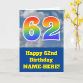 曇り青空、レインボーパターン"62"誕生日番号 カード (黄色い花)