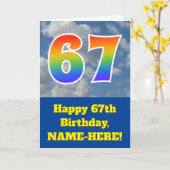 曇り青空、レインボーパターン"67"誕生日番号 カード (黄色い花)