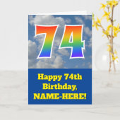曇り青空、レインボーパターン"74"誕生日番号 カード (黄色い花)