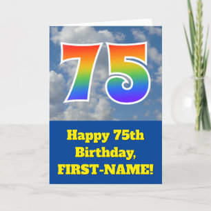 曇り青空、レインボーパターン"75"誕生日番号 カード