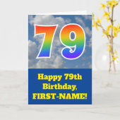 曇り青空、レインボーパターン"79"誕生日番号 カード (黄色い花)