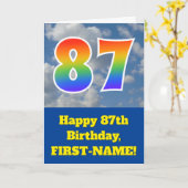 曇り青空、レインボーパターン"87"誕生日番号 カード (黄色い花)