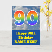 曇り青空、レインボーパターン"90"誕生日番号 カード (黄色い花)