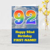 曇り青空、レインボーパターン"92"誕生日番号 カード (黄色い花)