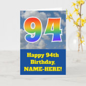 曇り青空、レインボーパターン"94"誕生日番号 カード (黄色い花)
