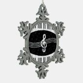 曲がったピアノ鍵と高音クレフ、 音符記号 スノーフレークピューターオーナメント (左)